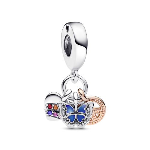 Charm Pandora Colgante Triple Corazón Arcoíris, Mariposa y Paz 782572C01