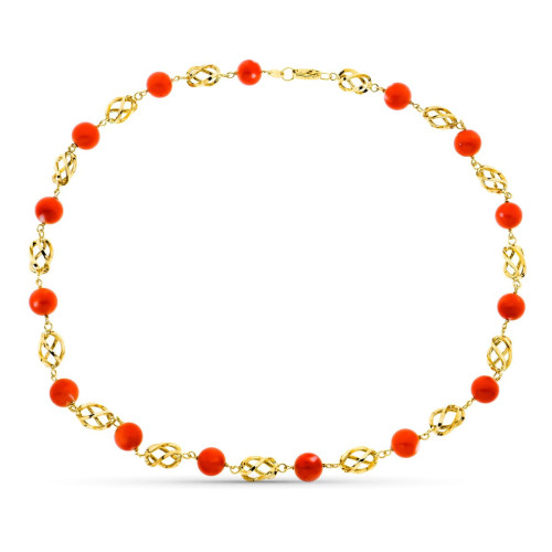 18K Collar Oro Amarillo Jaula Coral Fino Japones 9-9.5 Mm 50Cm