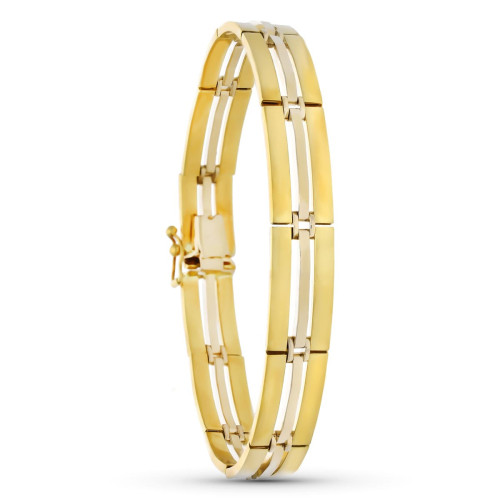 18K Pulsera Oro Bicolor Eslabon Rectangular Mate Y Brillo Con Circonitas