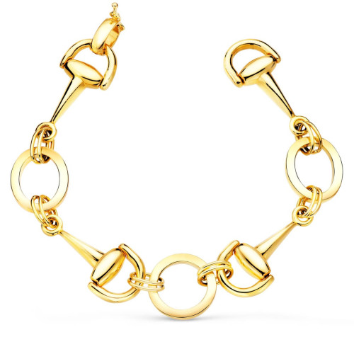 18K Pulsera Oro Amarillo Articulada Con Estribos Y Circulos En Brillo 20 Cm