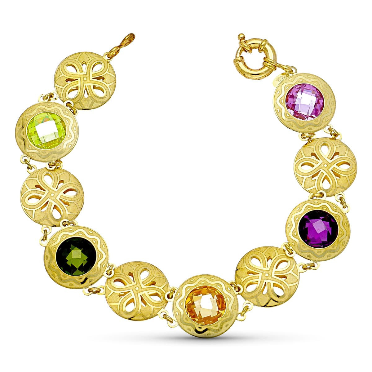 18K Pulsera Oro Amarillo Laser Piedras Color