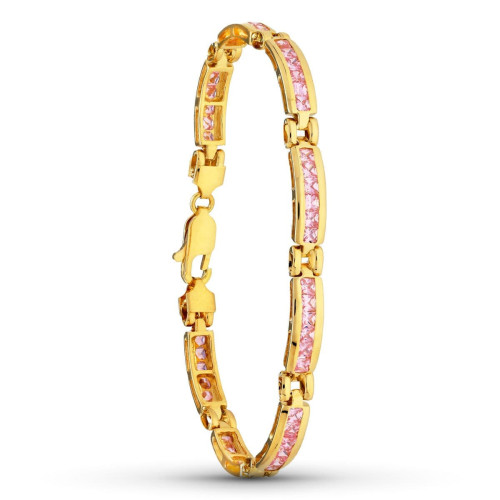 18K Pulsera Oro Amarillo Tramos Piedras Rosa