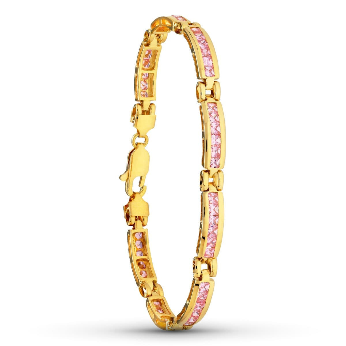 18K Pulsera Oro Amarillo Tramos Piedras Rosa