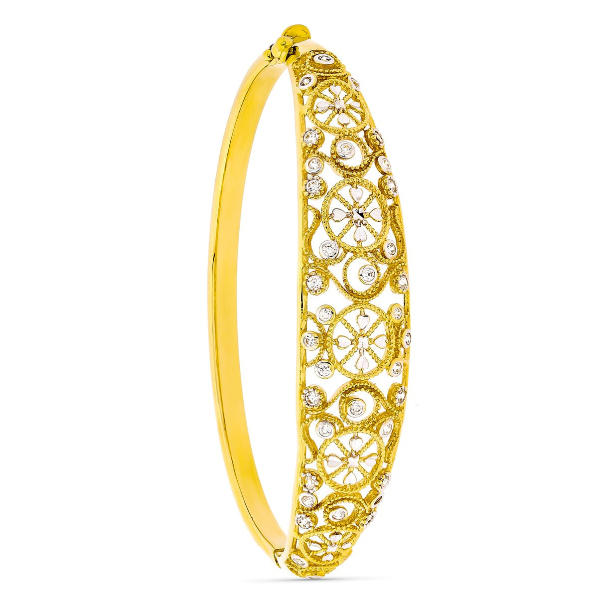 18K Pulsera Rigida Filigrana Oro Bicolor Circonitas