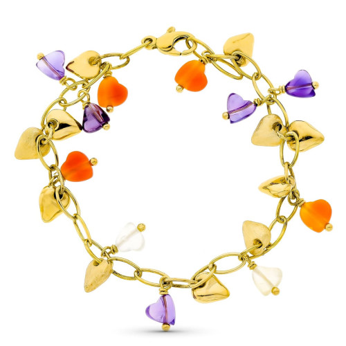 18K Pulsera Oro Amarillo Mate Y Brillo Piedras Color