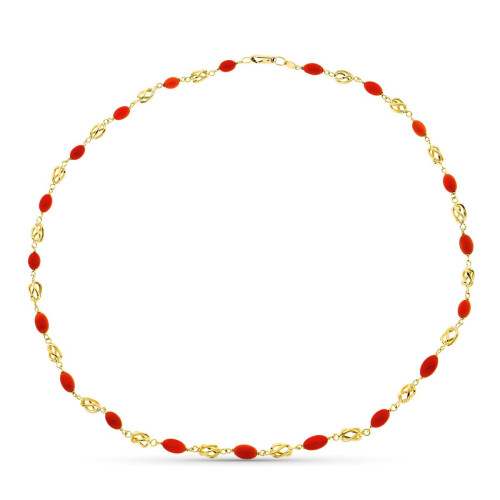 18K Collar Oro Amarillo Jaula Coral Fino Cerdeña 8X5 Mm 50 Cm