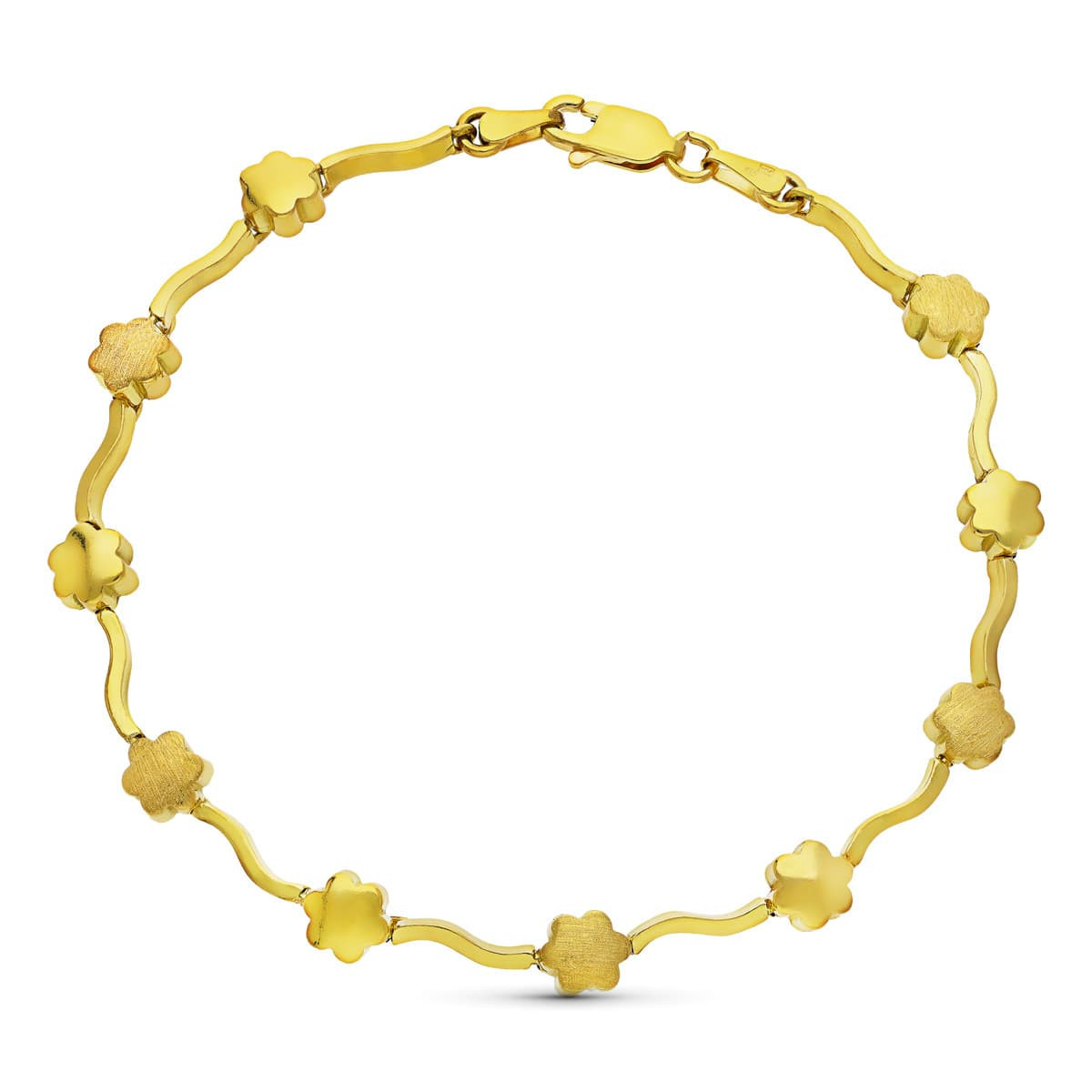 18K Pulsera Oro Amarillo Flores Mate Y Brillo