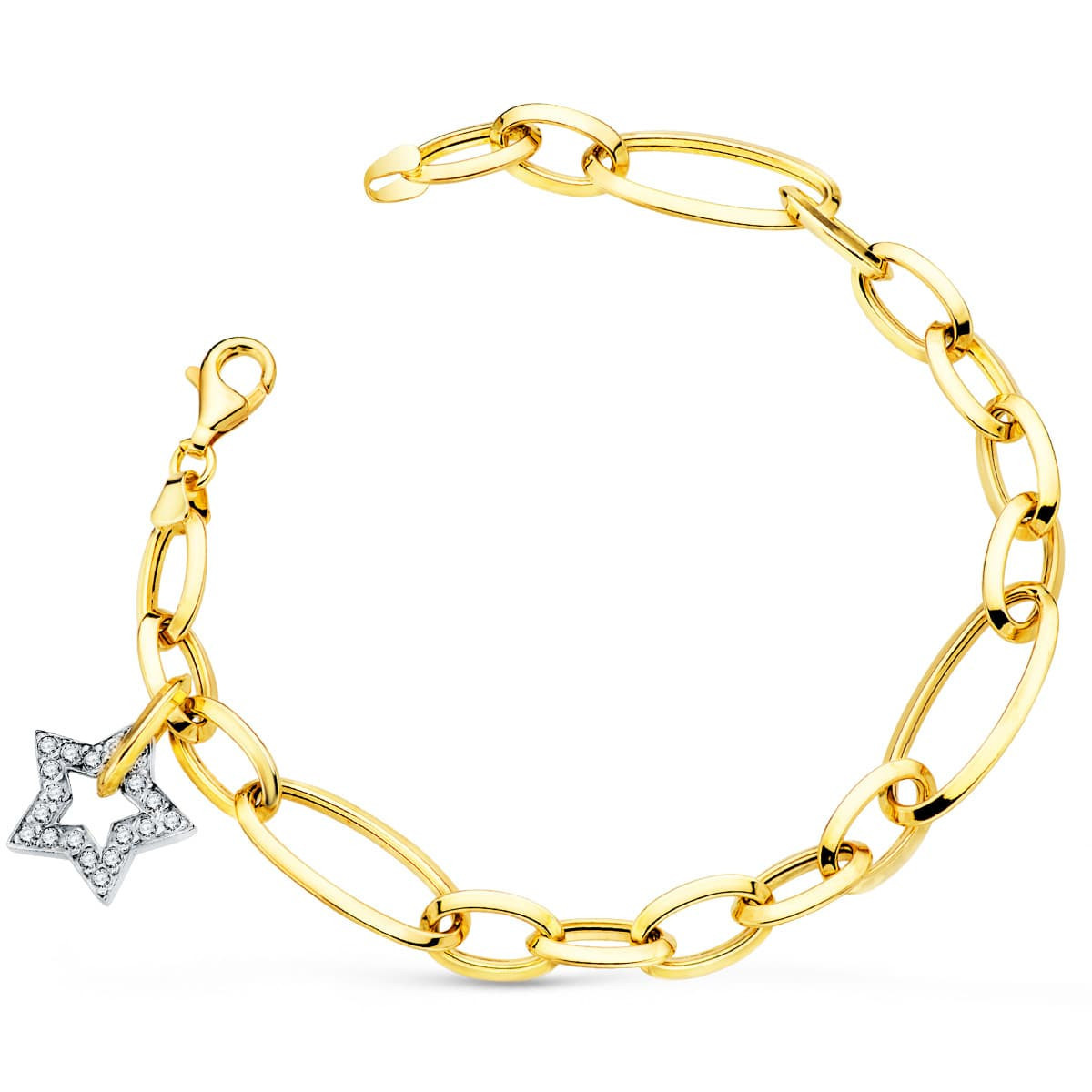 18K Pulsera Oro Bicolor Eslabones Con Colgante Estrella Circonitas 15 Mm 20 Cm