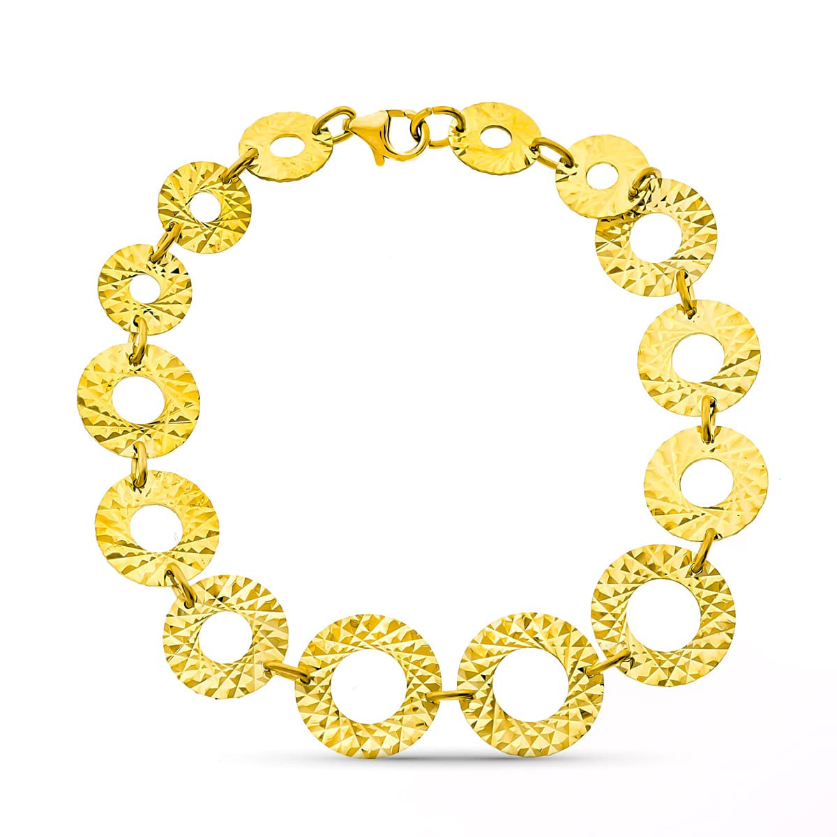 18K Pulsera Oro Amarillo Circulos Tallados. Ancho 13 Mm Largo 18 Cm