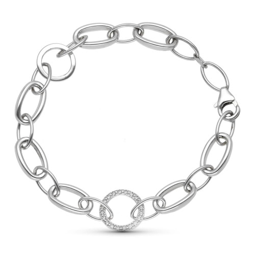 18K Pulsera Oro Blanco Eslabon Oval Y Circular Con Circonitas 18.5 Cm