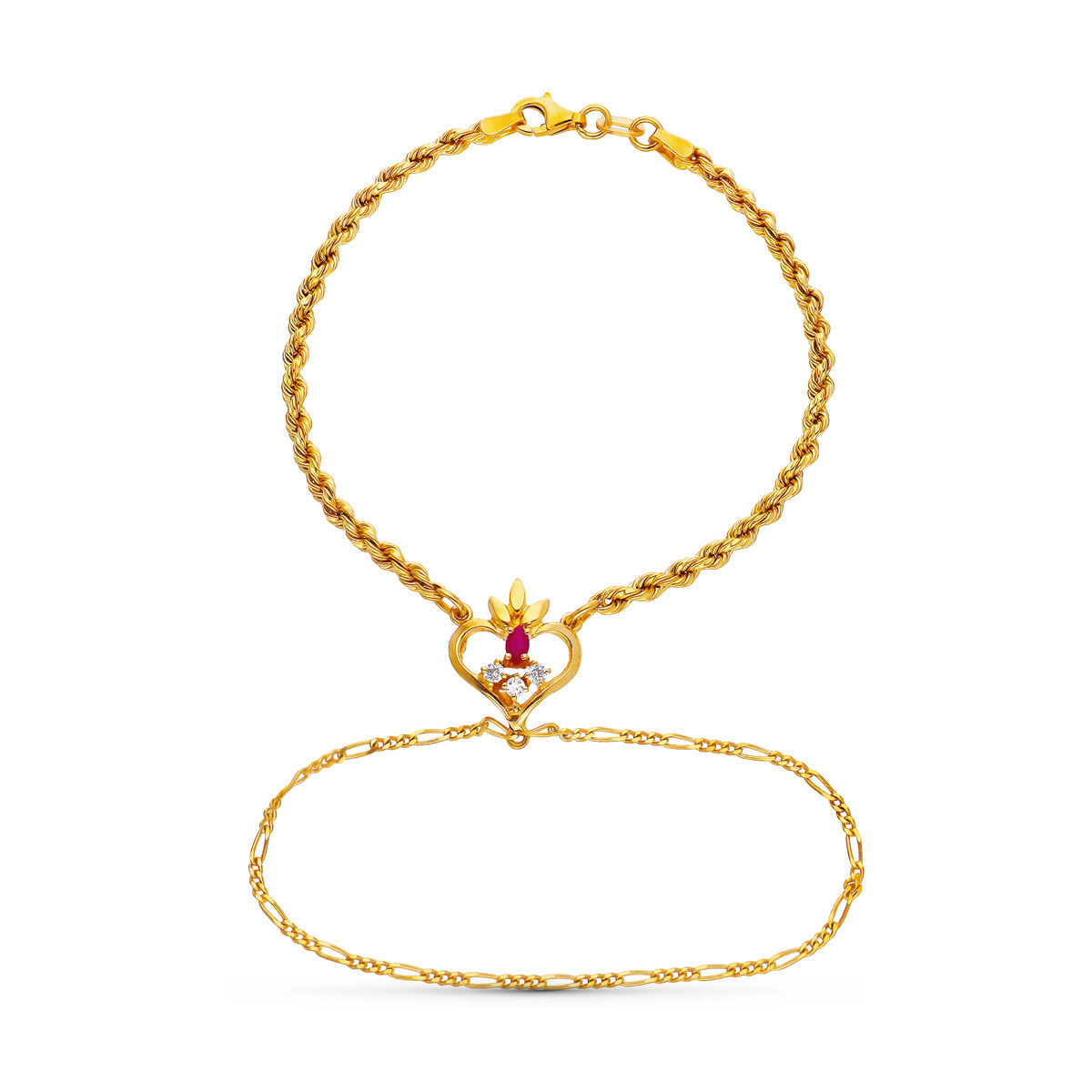 18K Pulsera Oro Amarillo India Rubi Corazon