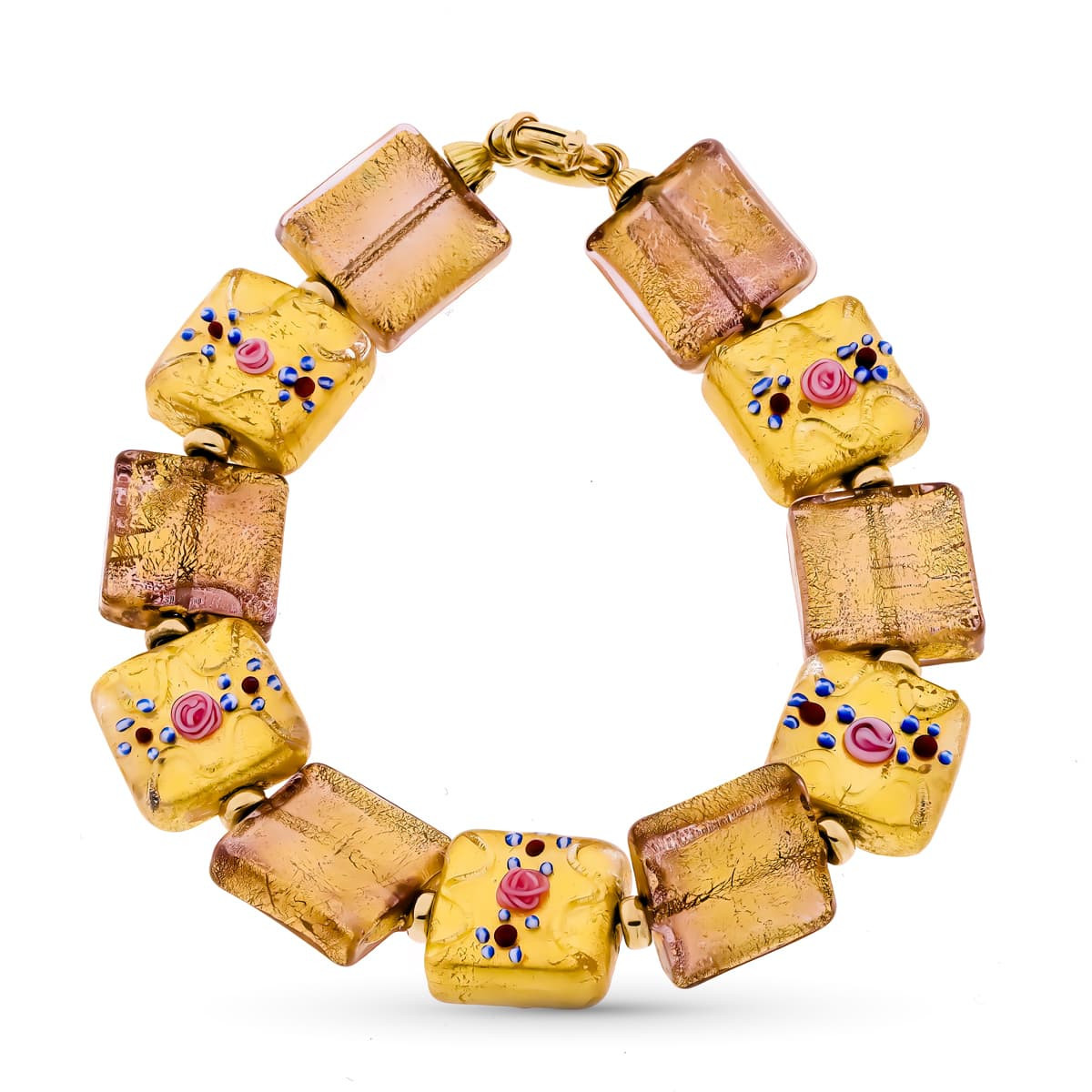 18K Pulsera Oro Amarillo Y Murano Flores Porcelana