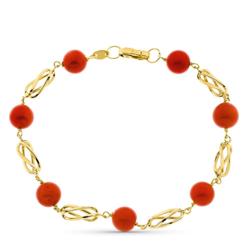 18K Pulsera Oro Amarillo Jaula Y Coral Fino Japones 8 Mm