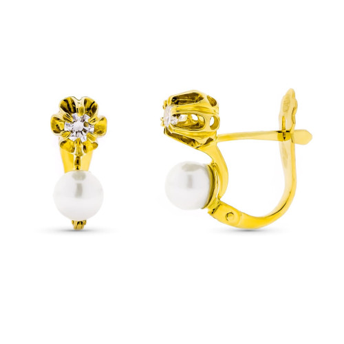 18K Pendientes Oro Amarillo Diamante Con Perla Y Garra