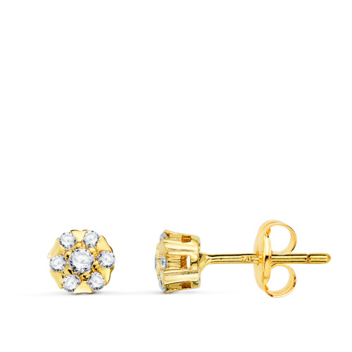 18K Pendientes Oro Amarillo Chaton 14 Diamantes, Alta Joyeria, Pendientes 0.254 Qtes Vs2-G. 5 X 5 Mm. Presion