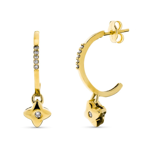 18K Aros Oro Amarillo Con Colgante Chaton Y Diamantes, Alta Joyeria, Pendientes. 0.1680 Qts 23X3 Mm