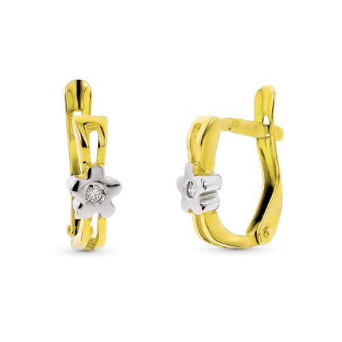 18K Pendientes Oro Bicolor Flor Con Diamantes. Cierre Catalan