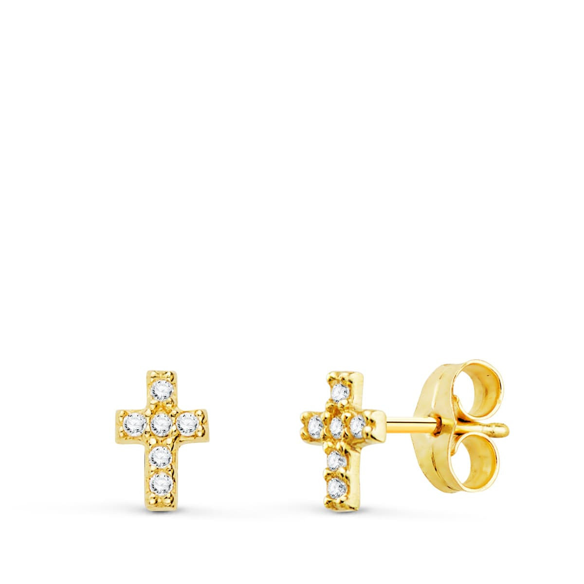 18K Pendientes Oro Amarillo Cruz Diamantes, Alta Joyeria, Pendientes 0.06 Qts Si-H. 6X4 Mm Presion