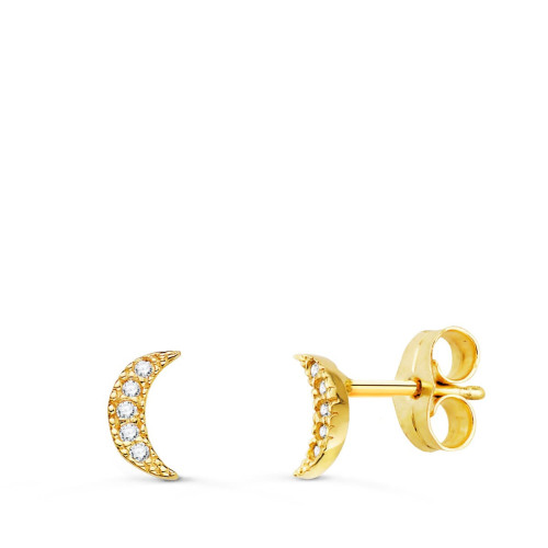 18K Pendientes Oro Amarillo Luna Diamantes, Alta Joyeria, Pendientes 0.05 Cts. Si-H 7X3 Mm Presion