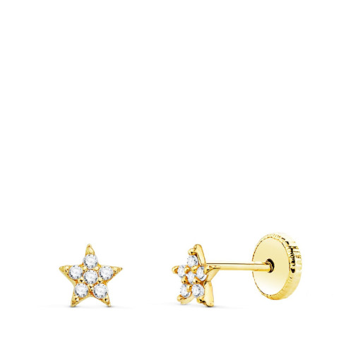 18K Pendientes Oro Amarillo Estrellas Con Diamantes, Alta Joyeria, Pendientes 0.06 Qts Si-H. 4Mm