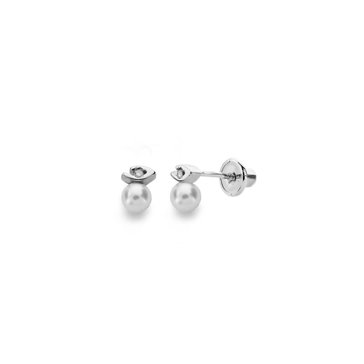 18K Pendientes Oro Blanco Perla 3 Mmdiamantes Talla Brillante 0.012 Kts