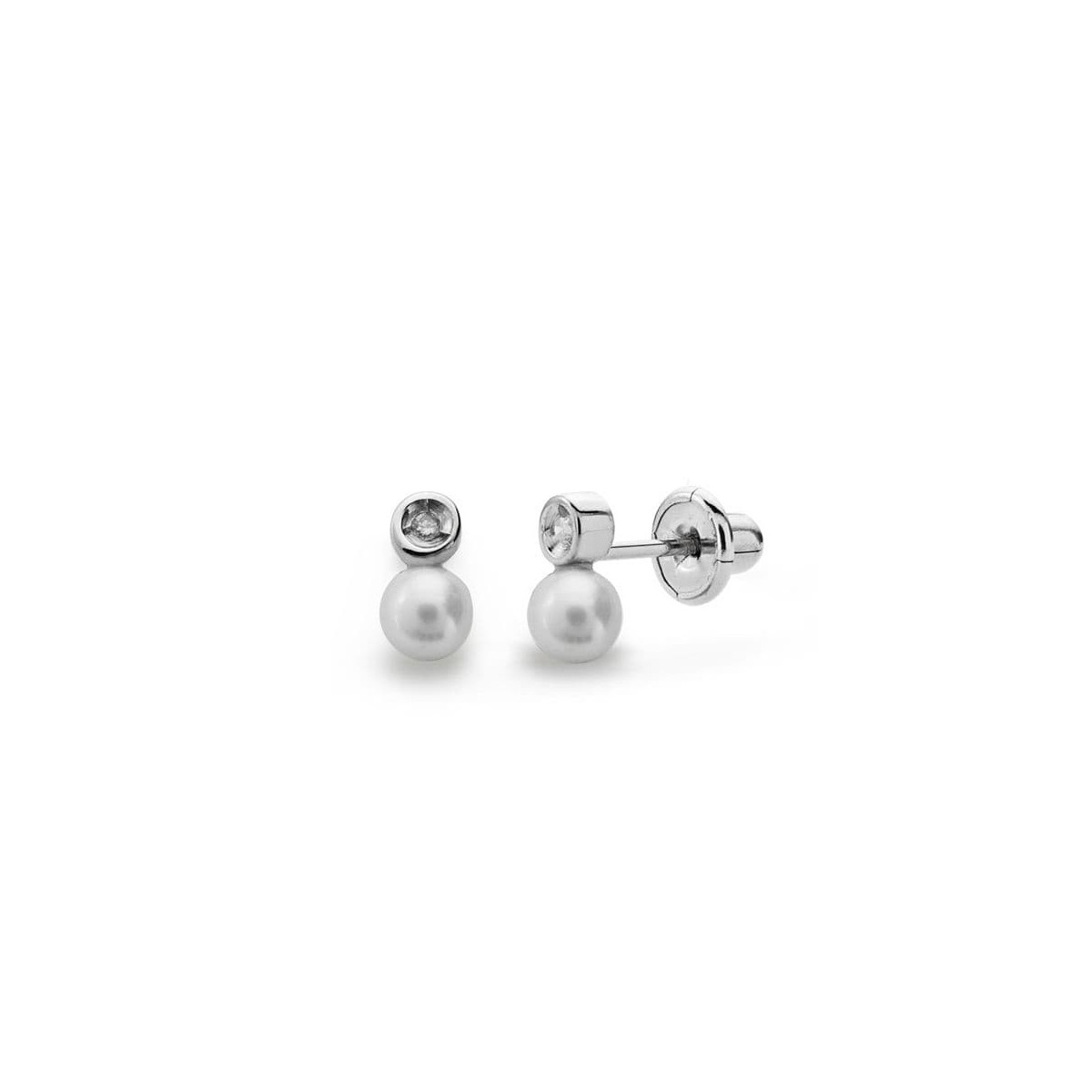 18K Pendientes Perla Y Diamantes Talla Brillante 0.012  Qts.