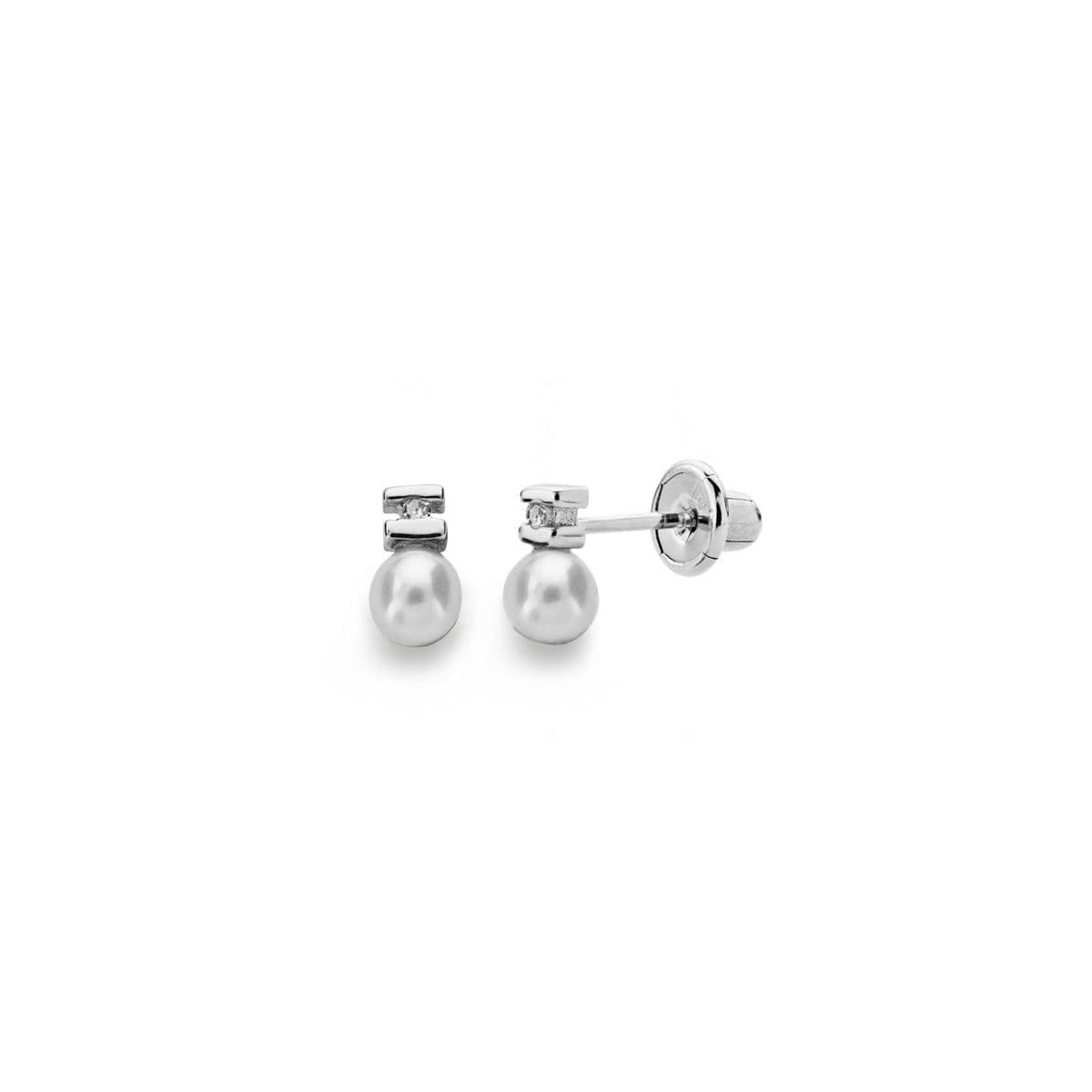 18K Pendientes Perla 3 Mm Diamantes Talla Brillante 0.012Kts