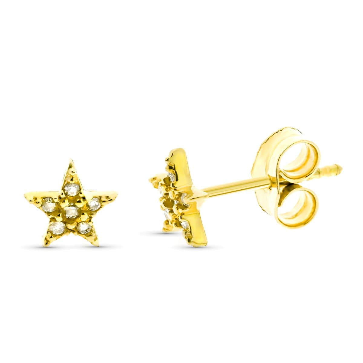 18K Pendientes Oro Amarillo Estrela Diamantes 0.066 Qts Total 6 Mm Presion