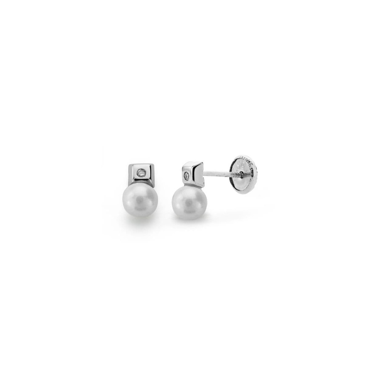 18K Pendientes Oro Blanco Perla Y Diamantes Talla Brillante 0.02  Qts.