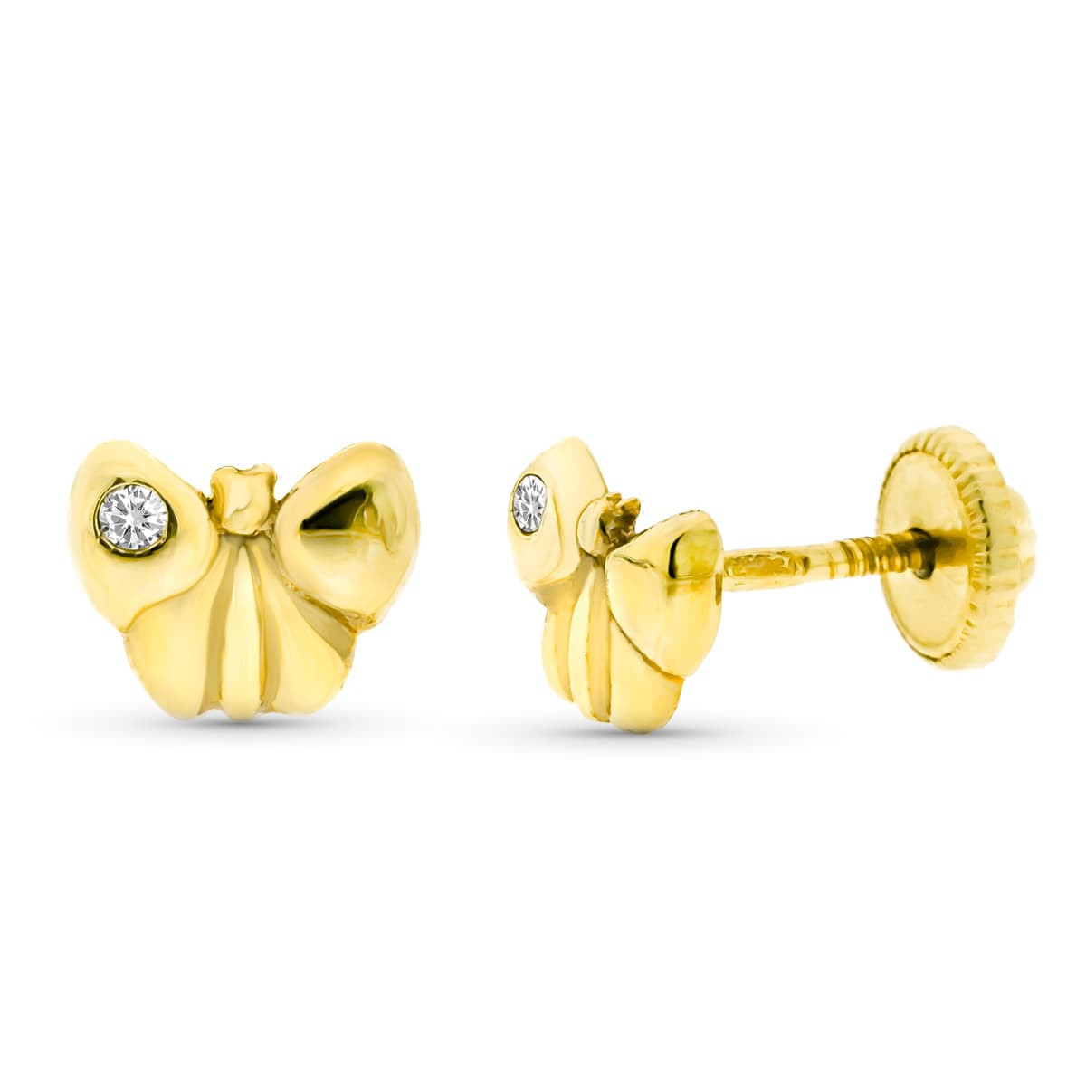 9K Pendientes Oro Amarillo Mariposa Diamantes 0.016 Cts Si-H 6X5 Mm Tuerca