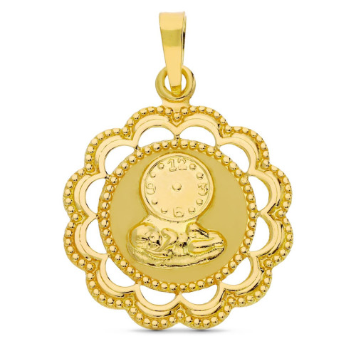 18K Medalla Oro Amarillo Niño Y Reloj 26X22 Mm