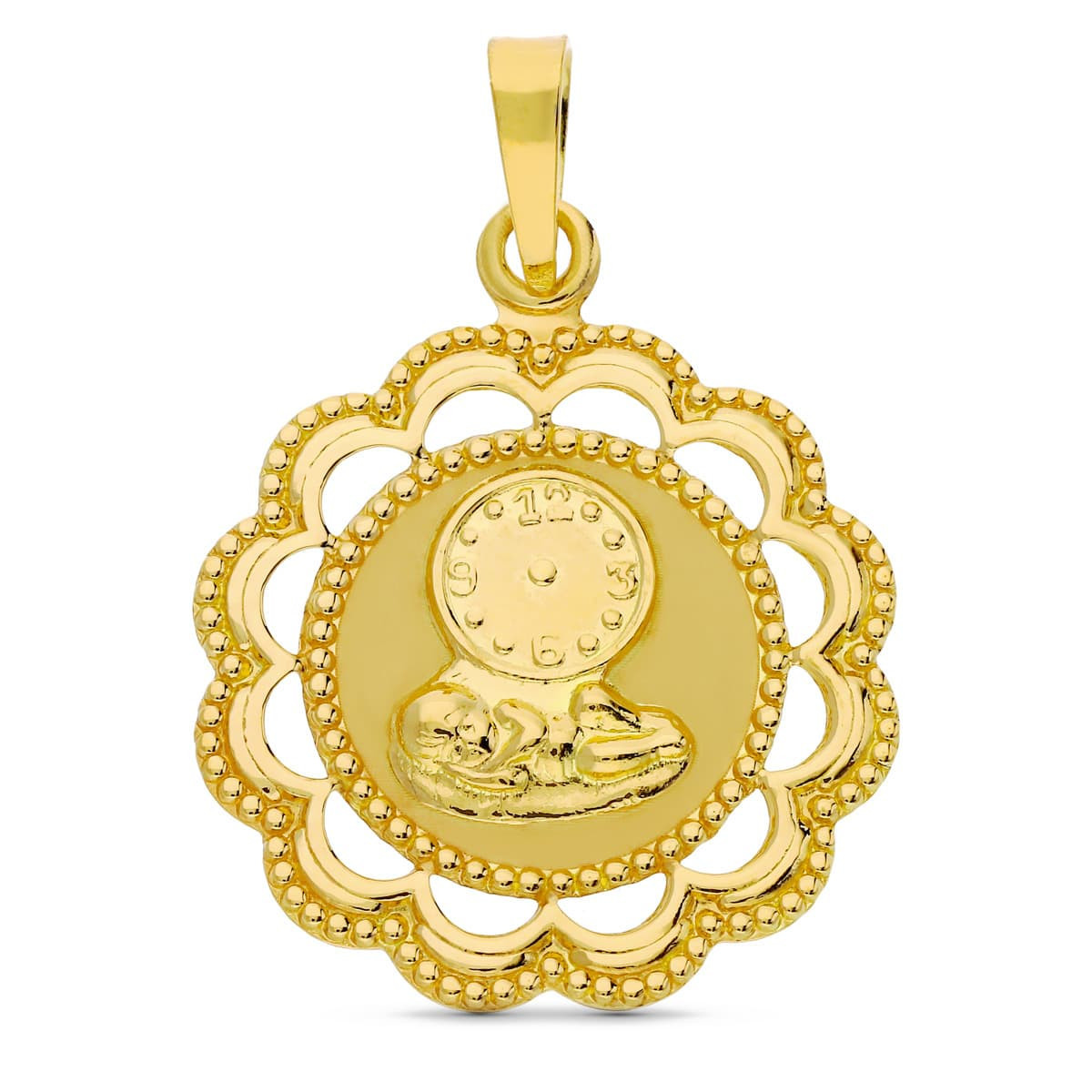 18K Medalla Oro Amarillo Niño Y Reloj 26X22 Mm