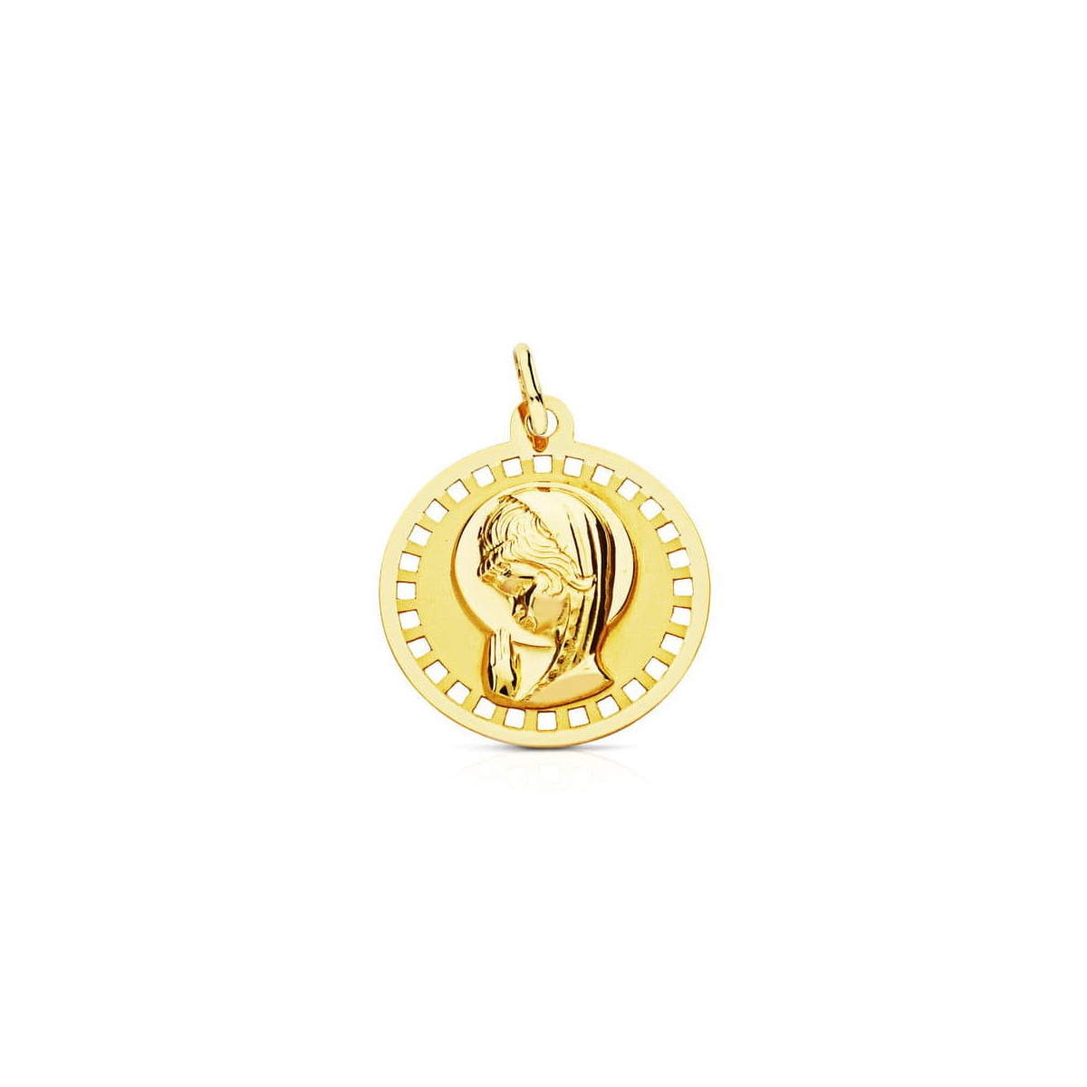 18K Medalla Virgen Niña Redonda Calada 18 Mm