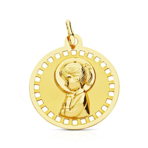 18K Medalla Virgen Niña Redonda Calada 18 Mm