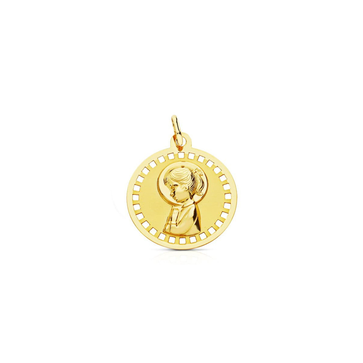 18K Medalla Virgen Niña Redonda Calada 18 Mm