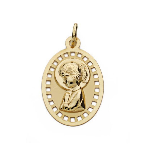 18K Medalla Virgen Niña Calada 23X14 Mm