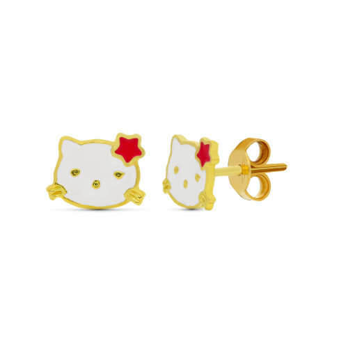 18K Pendientes Oro Amarillo Kitty Esmalte 10X7 Mm