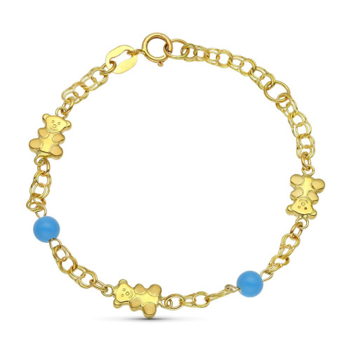 18K Pulsera Oro Amarillo Osos Y Turquesas 14 Cm