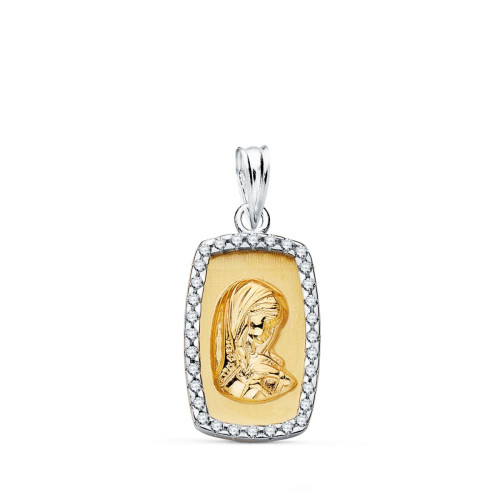 18K Colgante Oro Bicolor Virgen Niña Con Cerco Y Circonitas 18X12 Mm