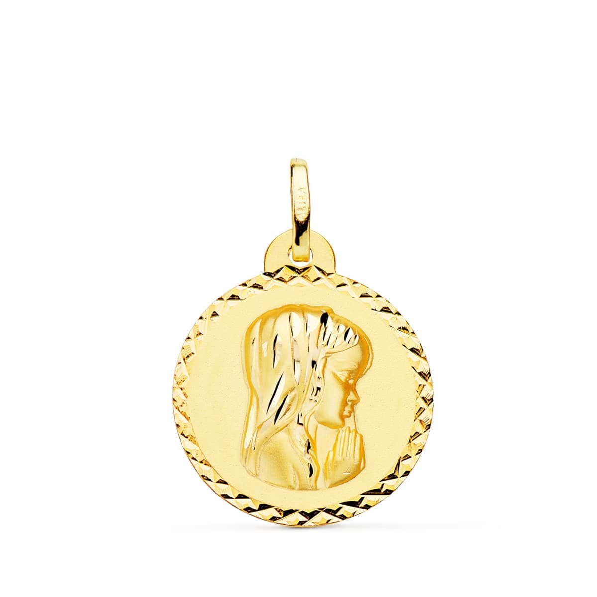 18K Medalla Oro Amarillo Virgen Niña Talla Cruzada 20 Mm