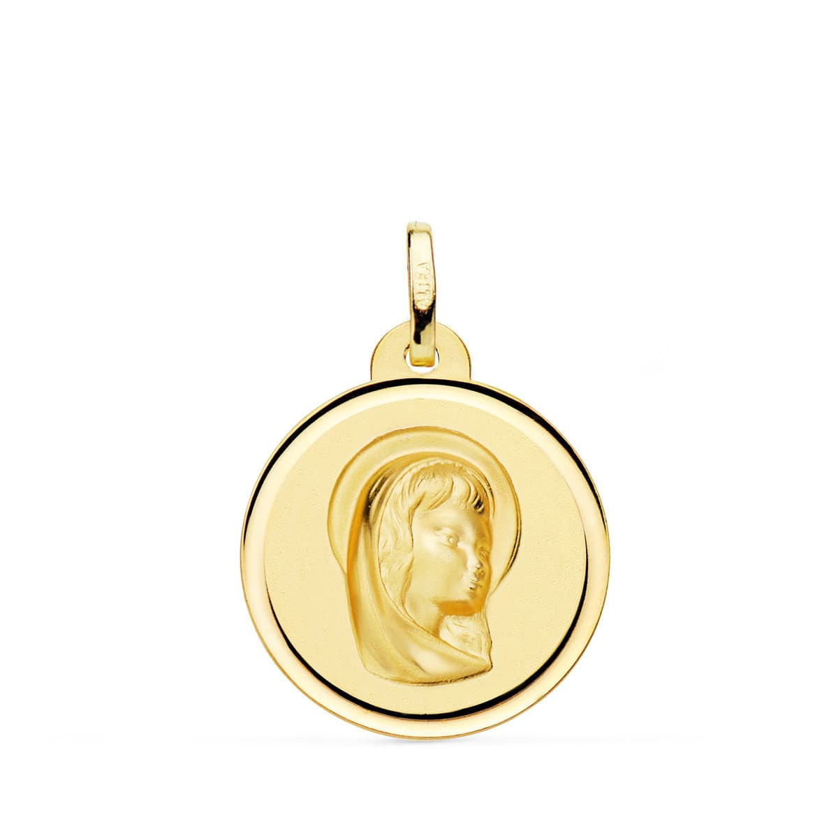 18K Medalla Oro Amarillo Virgen Niña Bisel 20 Mm