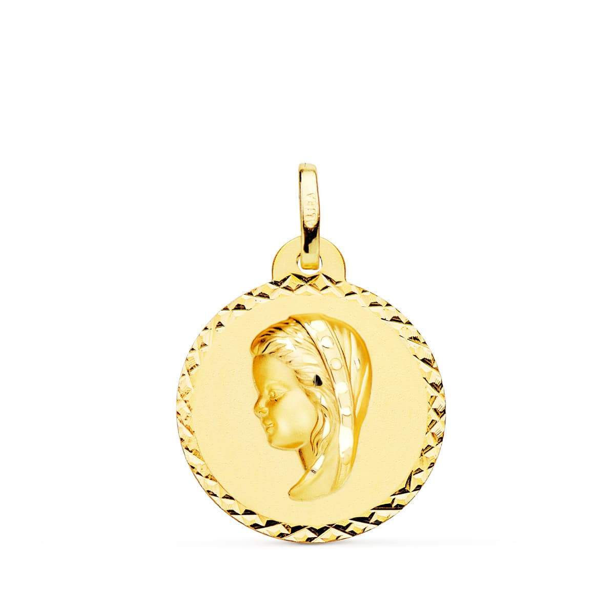 18K Medalla Oro Amarillo Virgen Niña Talla Cruzada 20 Mm