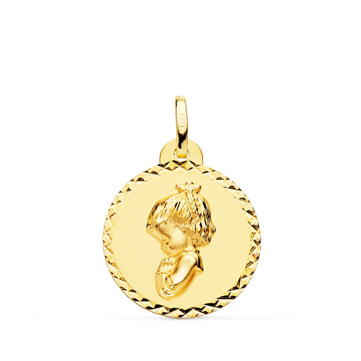 18K Medalla Oro Amarillo Virgen Niña Rezando Talla Cruzada 20 Mm