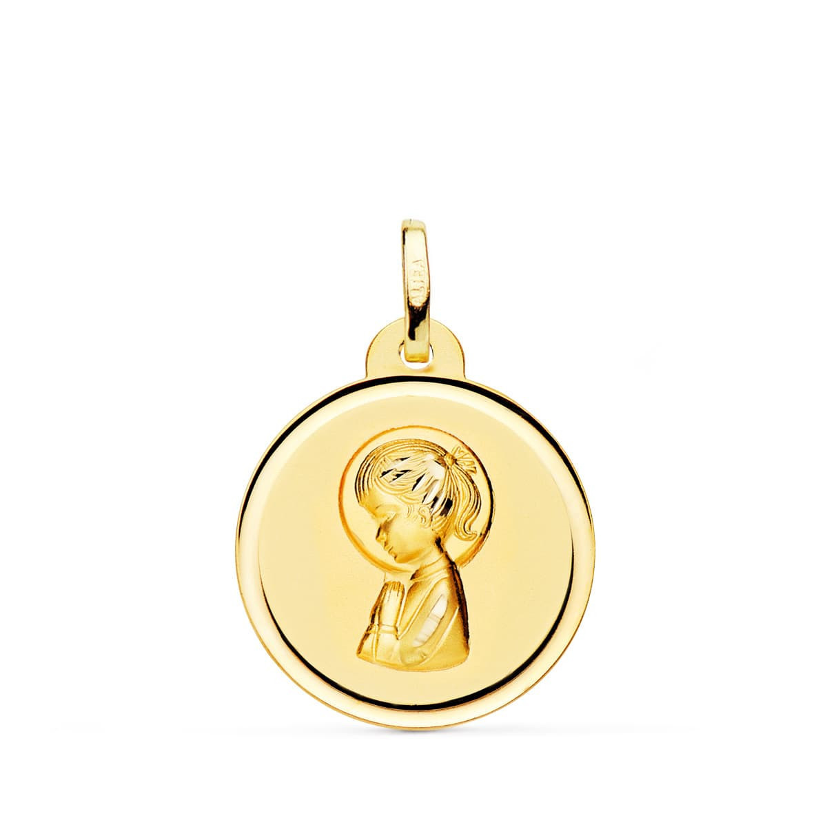 18K Medalla Oro Amarillo Virgen Niña Bisel 20 Mm