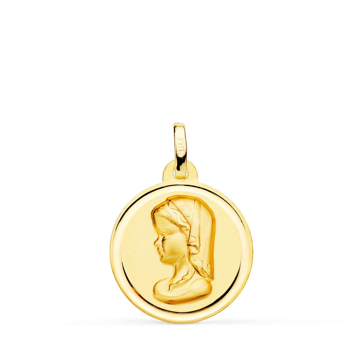 18K Medalla Virgen Niña Matizada Bisel 18 Mm