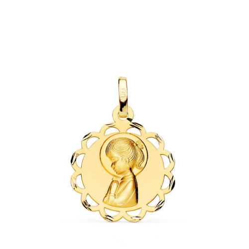 18K Medalla Oro Amarillo Pandereta Virgen Niña Perfil Matizada Y Calada 19 Mm