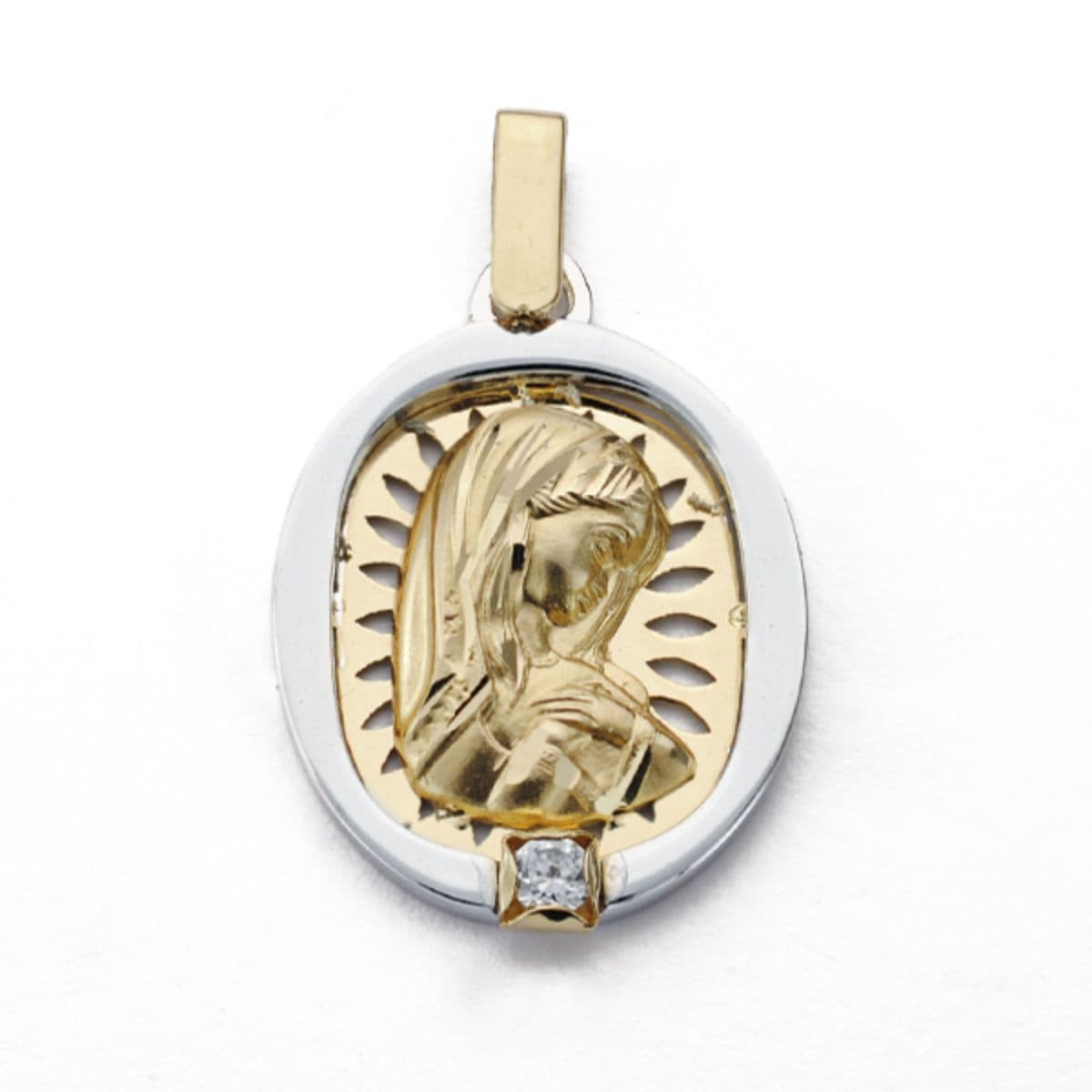 18K Medalla Virgen Niña Oro Bicolor Calada Con Circonita 24X17 Mm