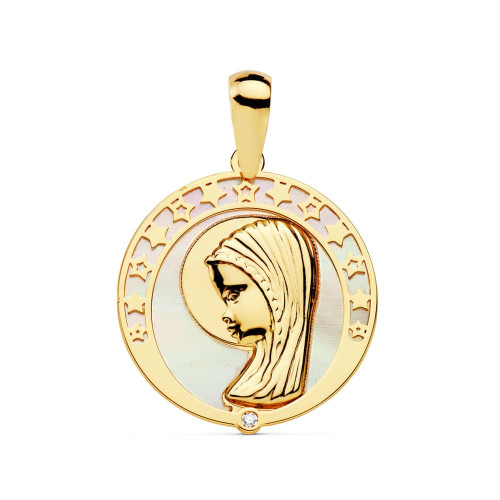 18K Medalla Virgen Niña Nacar Circonita 17 Mm