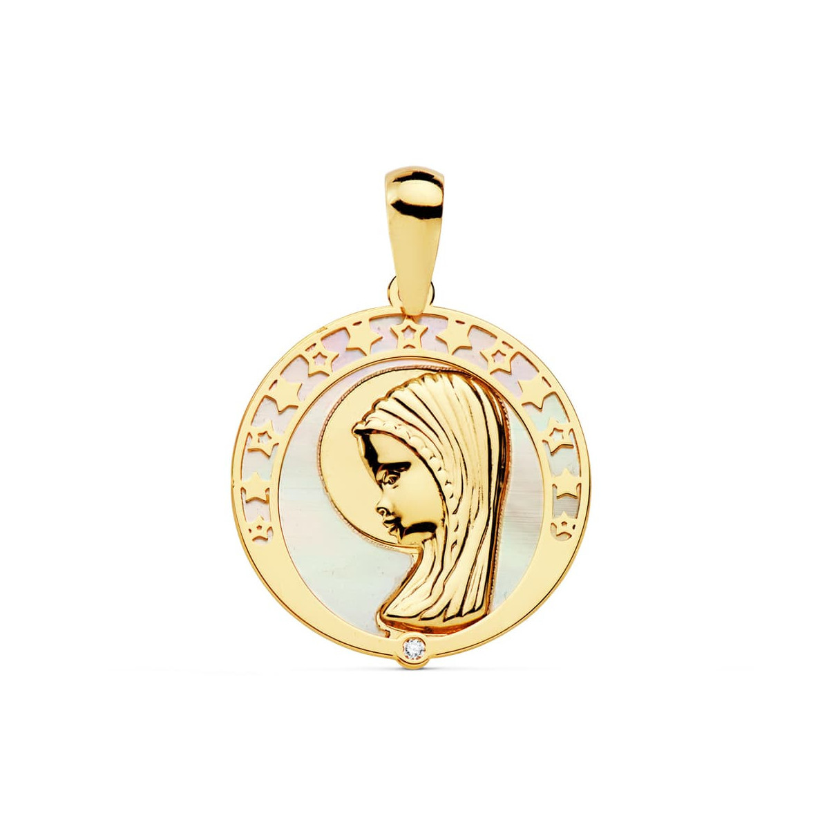 18K Medalla Virgen Niña Nacar Circonita 17 Mm