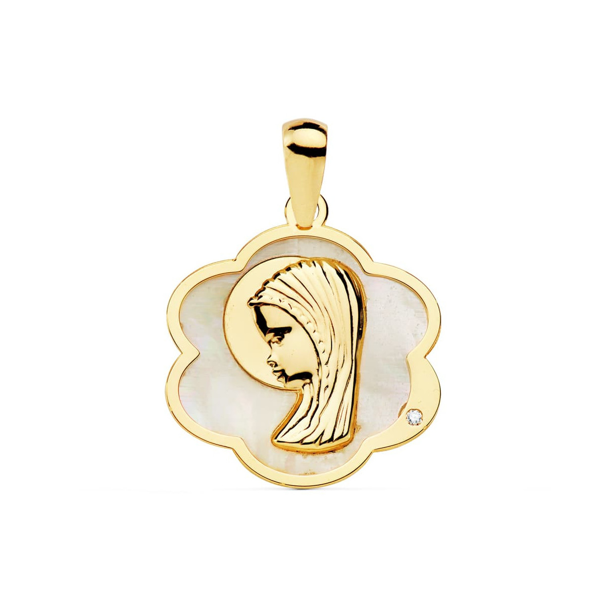 18K Medalla Oro Amarillo Flor Con Virgen Niña Nacar 18X17 Mm